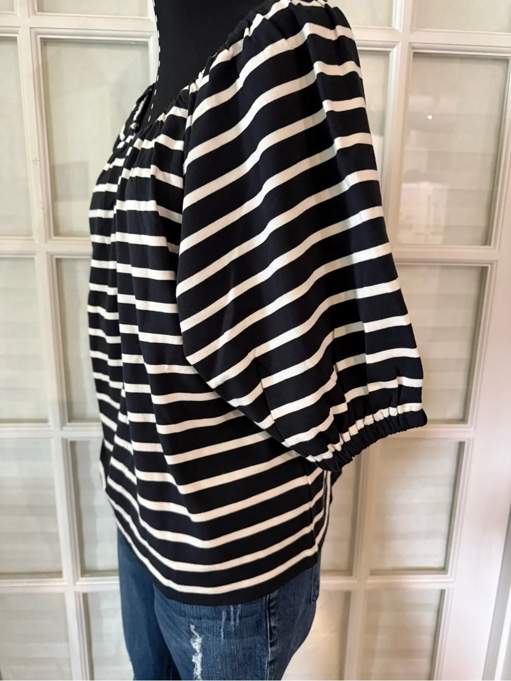 J. Crew Black and White Striped Off-Shoulder Blouse